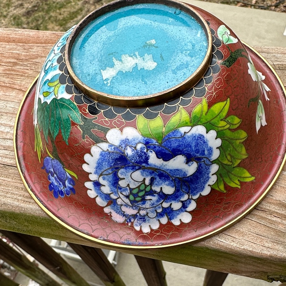 Floral Cloisonné Vintage Enamel Bowl with Blue and Green Floral - Picture 3 of 6